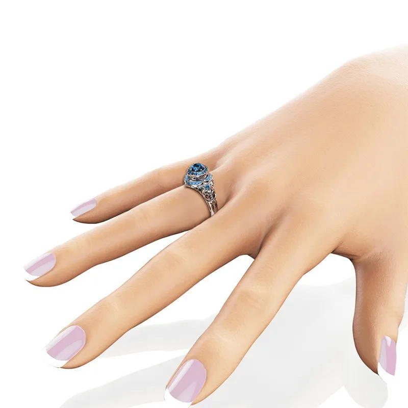 

Trendy Blue Crystal Rhinestone Zircon Ladies Ring for Women Engraving Flower Floral Shaped Pattern Party Jewelry