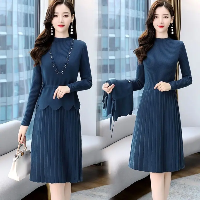 

Women Knitted Loose Sweater Vest Dress New Female Long Sleeve Fashion Two Piece Dresses Suit Autumn Ladies Two Piece Set G287