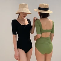 one pieces woman swimwear solid color slim body covering belly thin half sleeve swimsuit summer beach vacation bathing suits