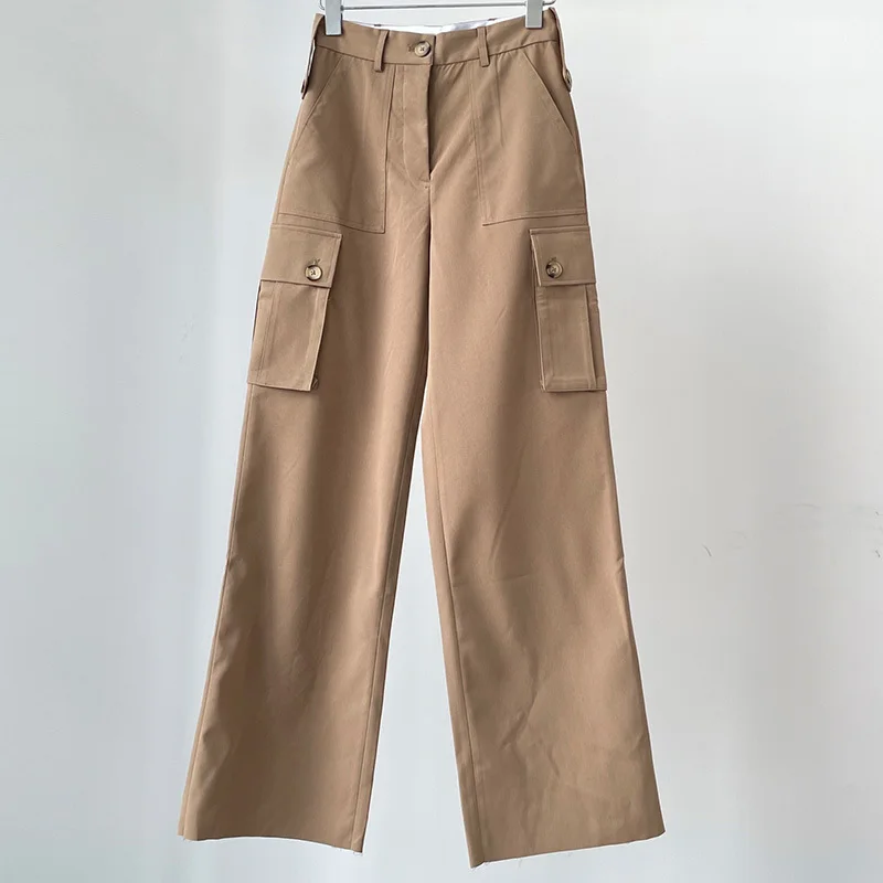 

2023 Women Vintage Solid High Waist Loose Straight Trousers Runway Lady Office Wid-leg Chic Pockets Belt Cargo Pants Streetwear