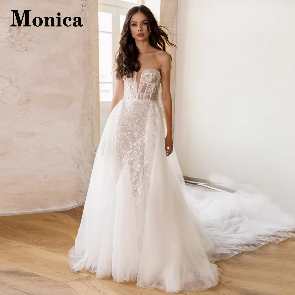 

MONICA Stylish Trumpet Wedding Dresses 2023 Bride Sleeveless Detachable Train Deep V-Neck Backless Tulle Appliques Custom Made