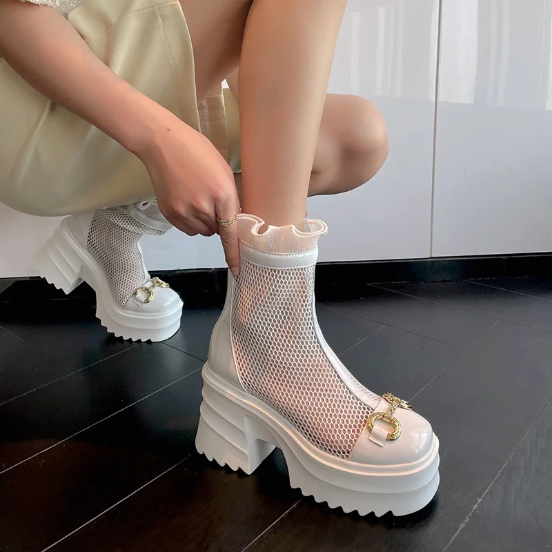 

Women's Sandals 2023 New Summer Mesh Women's Martin Boots with Thick Heel Thick Breathable Ultra-thin Sandals Hollow Short Boots