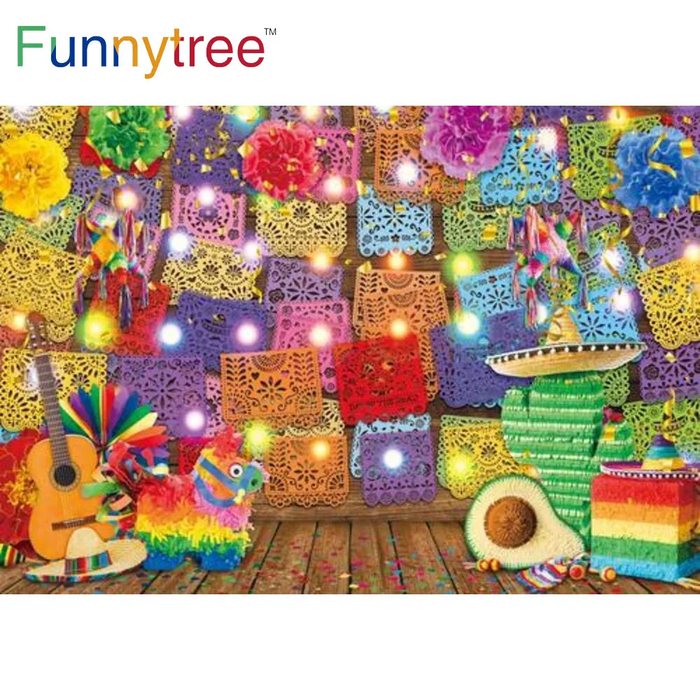 

Funnytree Mexican Fiesta Wood Background Colourful Banner Cinco De Mayo Carnival Birthday Party Guitar Decor Photozone Backdrop