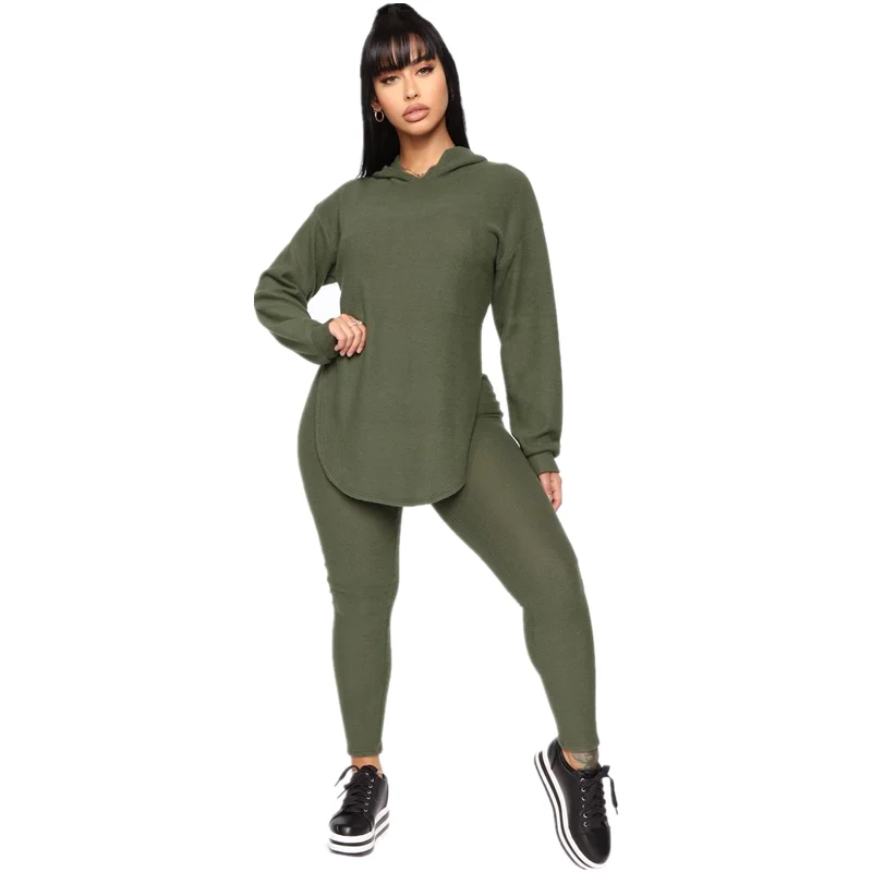 

Fashion Leisure Tracksuit Women Two Piece Set Long Sleeve Hem Split Top Skinny Pants Matching Sets Pullover Hoodie Solid Outfits