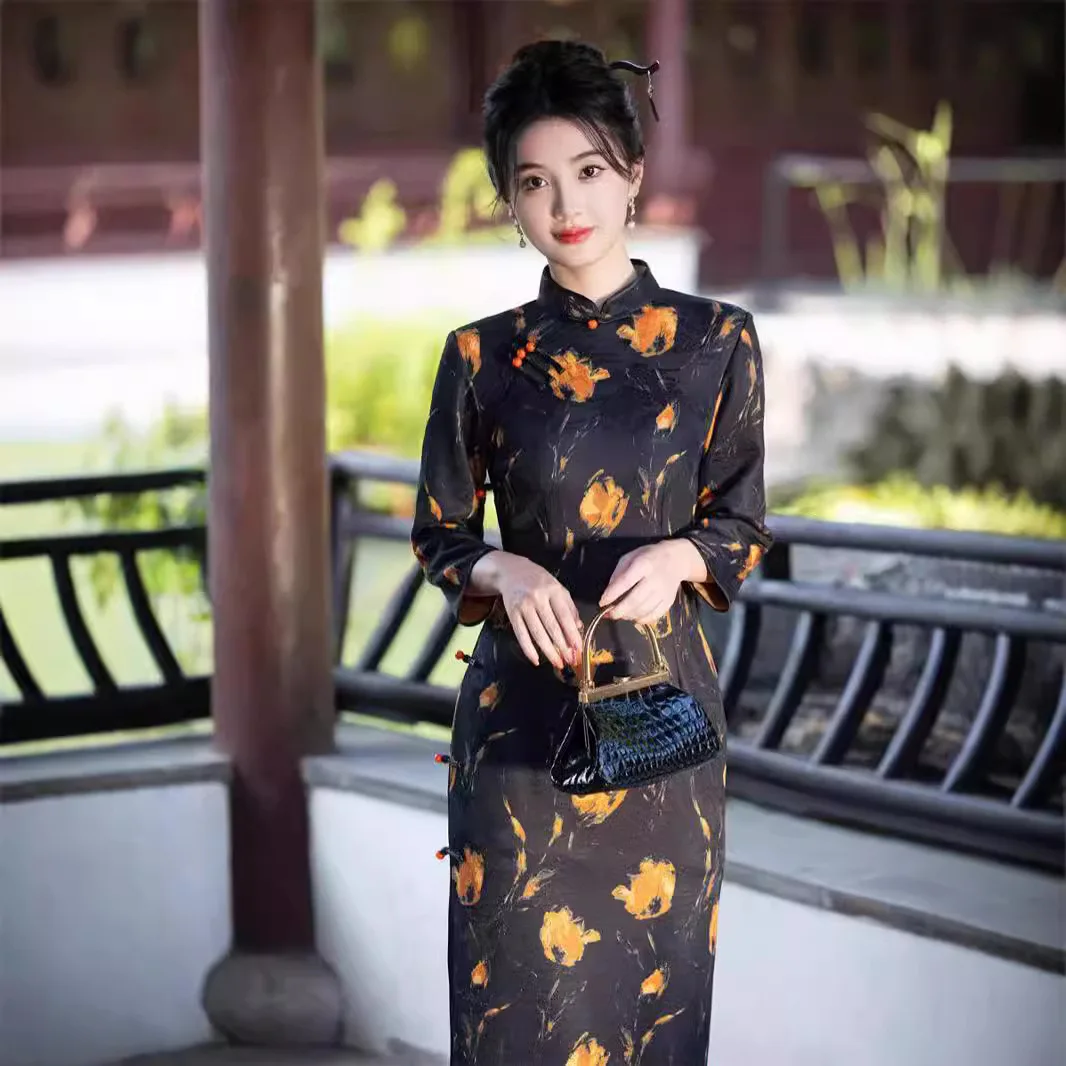 Plus rozmiar 3XL Qipao eleganckie kobiety Cheongsam Vintage sukienka w stylu chińskim seksowny nadruk długie rękawy Vestidos sukienki na co dzień