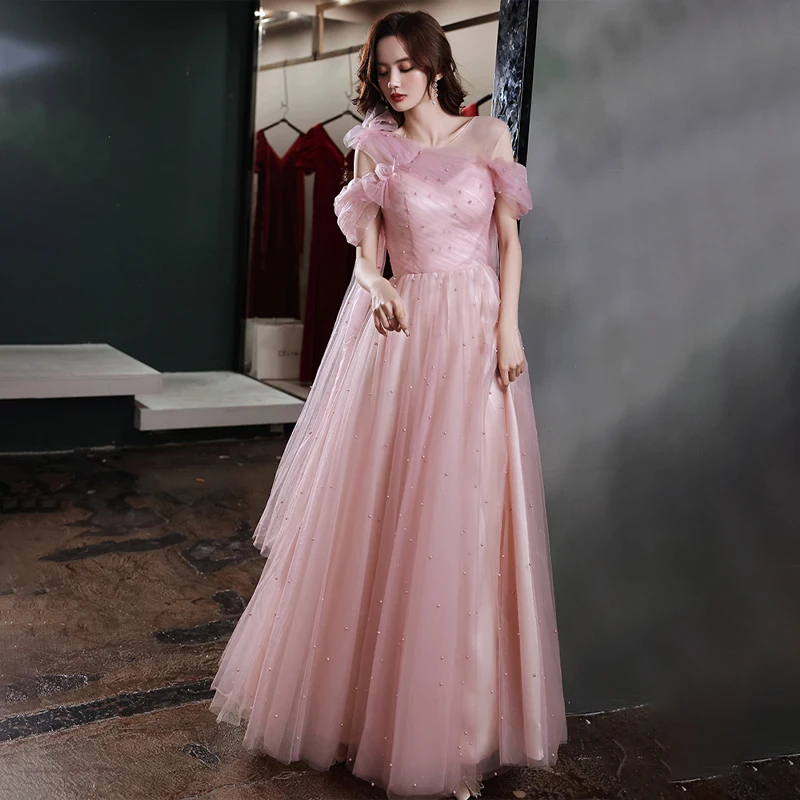 

Pink Tulle Evening Dress Pearls A-Line O-Neck Short Sleeves Pleat Floor-Length Lace Up Plus size Woman Formal Party Gowns A1238