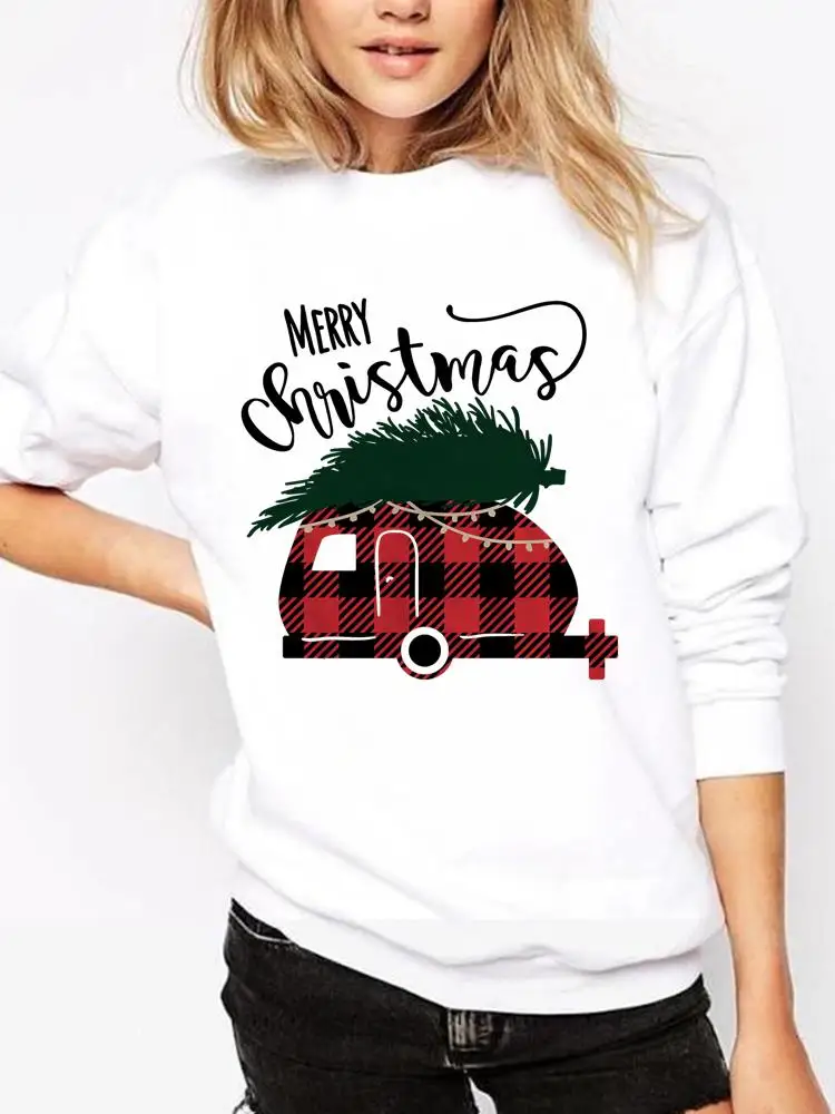 

Women Graphic Sweatshirts Holiday Merry Christmas Plaid Truck Camper 90s Fashion Clothing Casual Female Print Pullovers