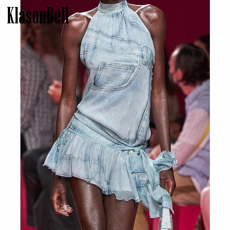 

6.9 KlasonBell Runway Sexy Backless Halter Neck Lmitation Denim Print Slim Ruffle Mini Dress Women