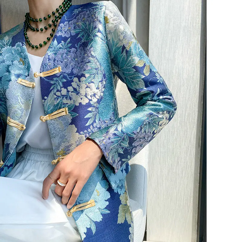 Женское весенне-осеннее элегантное пальто Чонсам в китайском стиле ретро синее
