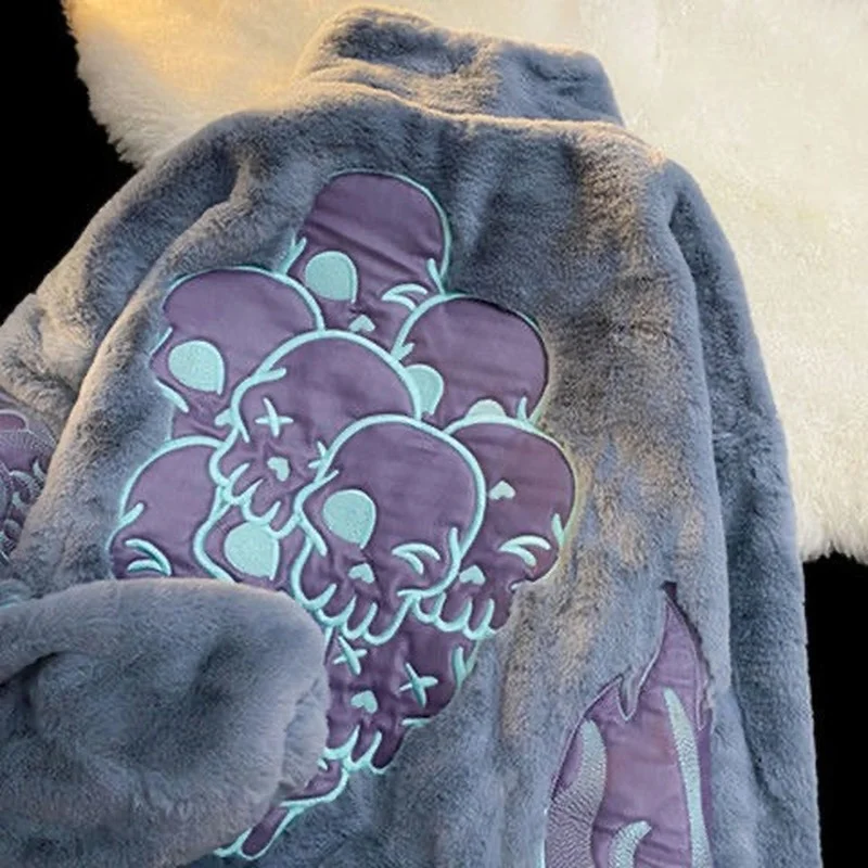 Imitation Rabbit Fur Jacket Winter 2022 New Embroidery Letters Zipper Jacket Women Loose Street Style Furry Y2K Casual Jackets