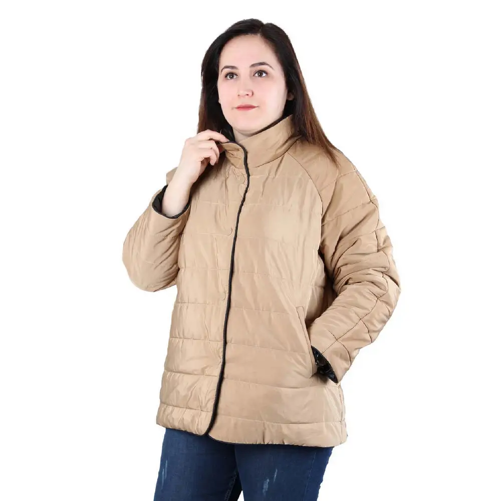 

Fierte Women Plus Size Coats CcNef Upright Collar Snap Closure Raglan Sleeve Lining Double Pocket Quilted Navy Blue Camel