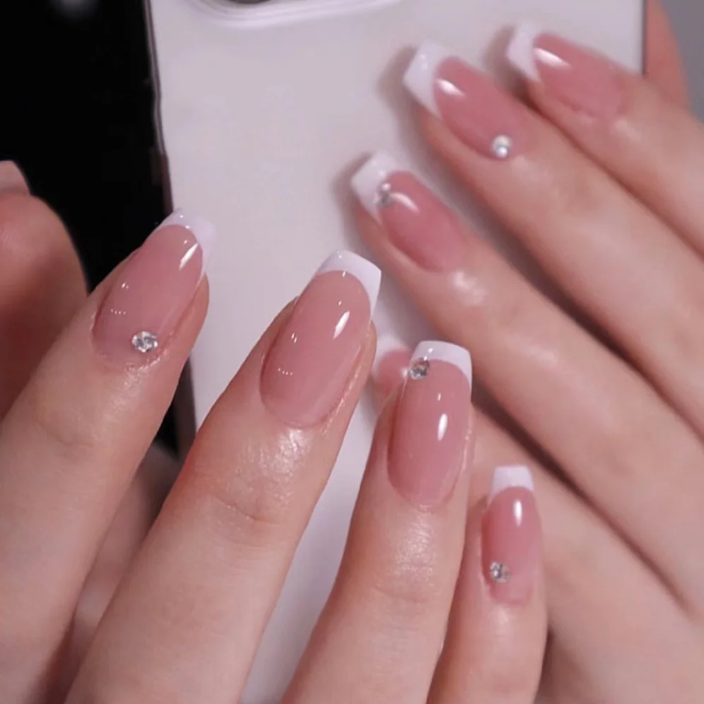 

24P White French Nail Art Fake Nails Short Ballet Press on Nails Removable False Nails Artificial Square Head Acrylic Nails Tip