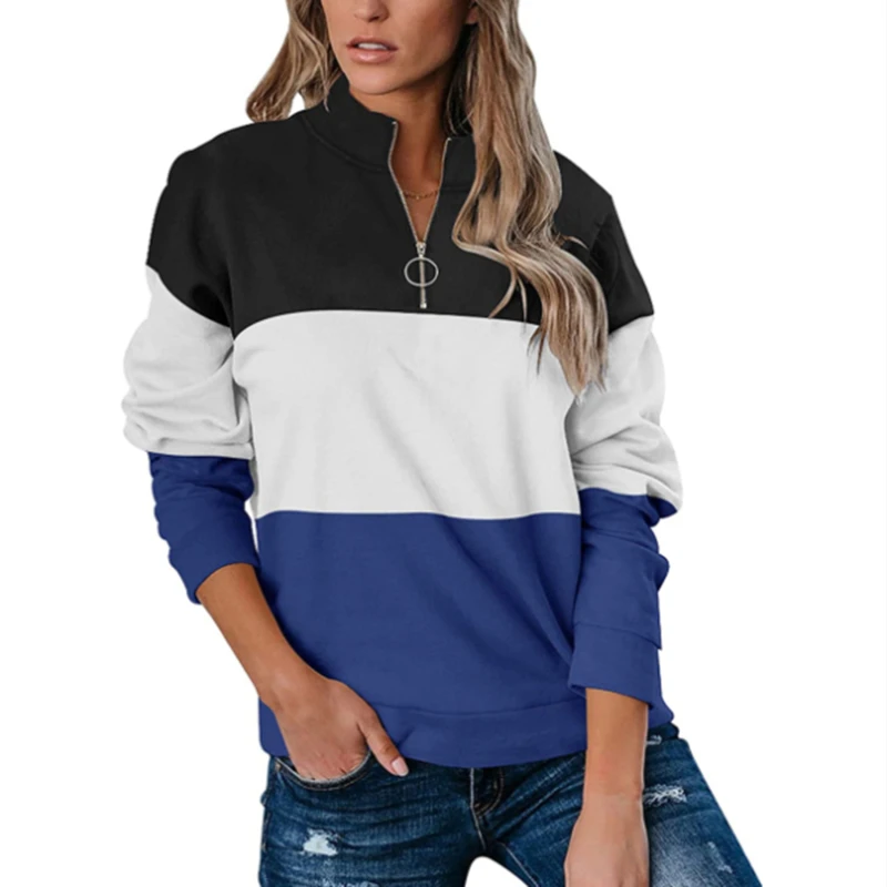 

Women Long-Sleeve Sweatshirt Autumn Contrasting Color Sweatshirts Stand-Up Collar Zipper Sweatshirt Comfortable Warm Sweatshirts