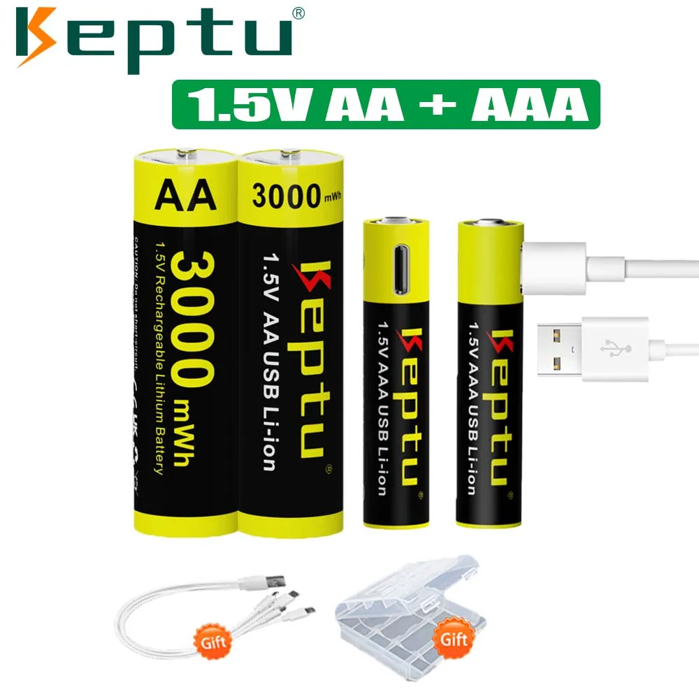 

Keptu 1.5V Li-ion AAA USB Rechargeable Battery 1000mWh + 1.5V AA USB Lithium AA Rechargeable Battery 3000mWh with TYPE-C Cable