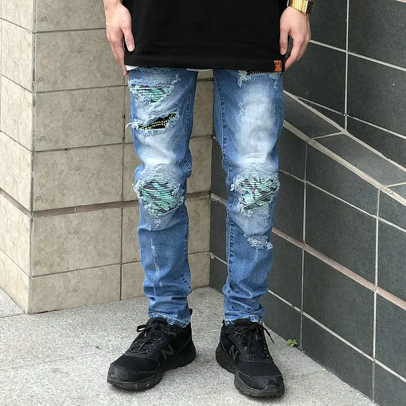 

New Mens #A658 Distressed Stones Patch Work Ribs Painted Destroyed Ripped Hollow Out Crystals Patches Stretch Slim Denim Jeans