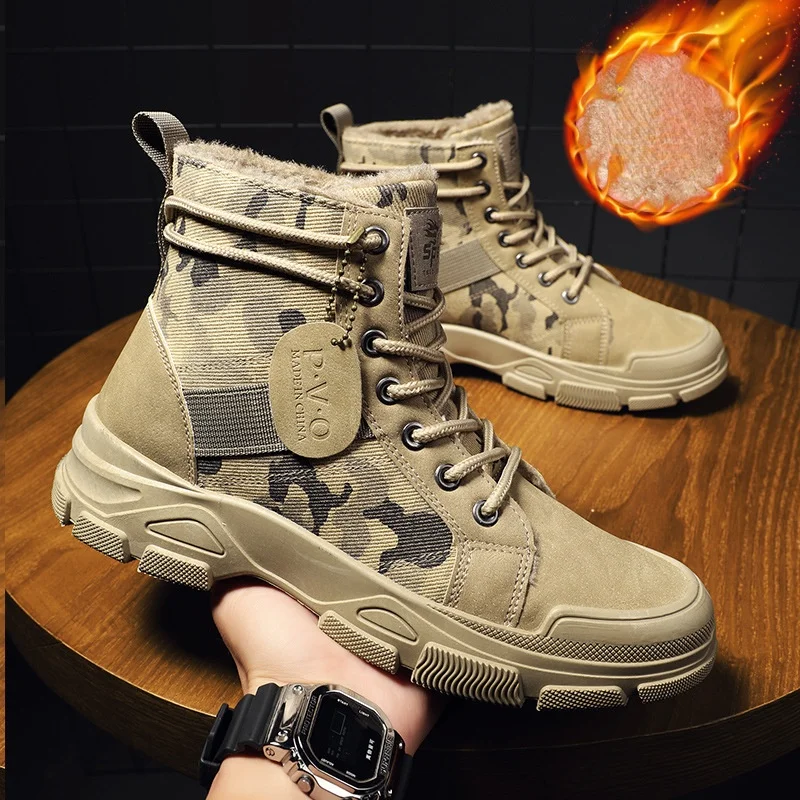 

Outdoot Booties Men Desert Military Boots with Fur Autumn Winter New Camouflage Fashion Casual Boots Male Platform Shoes
