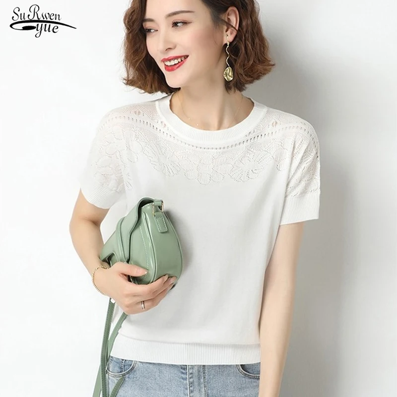 

Cotton Eyelet Elasticity O-Neck Blouse Summer Female Lace Floral Hollow Out Short Sleeve Pullover Women Blue Knitted Top 18843