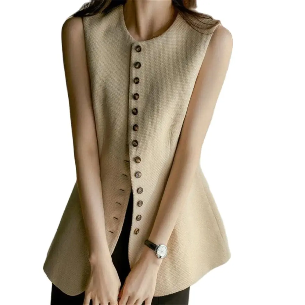 

Vintage Women Vests 2022 Spring Single Breasted O Neck Sleeveless Outerwear Jackets Streetwear Elegant Beige Ladies Waistcoat