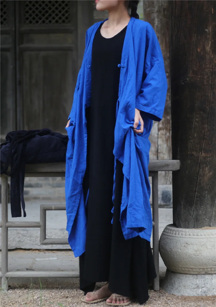 Женский льняной тренчкот на пуговицах винтажный свободный в китайском стиле с