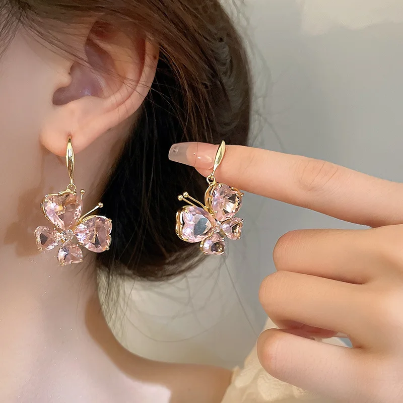 

Chic Romantic Cute Pink Zircon Butterfly Dangle Earring for Teen Women Korean Fashion Jewelry Animal Summer Pendientes Wholesale