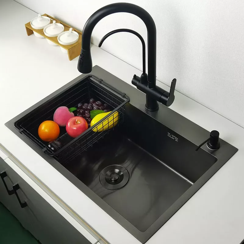 

2023NEW matte black kitchen sink above counter or udermount vegetable washing basin sinks dark grey stainless steel seamless wel