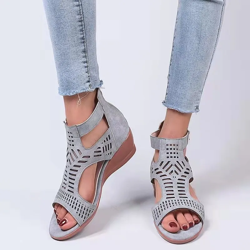 Women's Wedges Sandals Comfortable Outdoor Gladiator Platform Roman High Heels Shoes Party Hollow Out Thick Heel Zipper Shoes