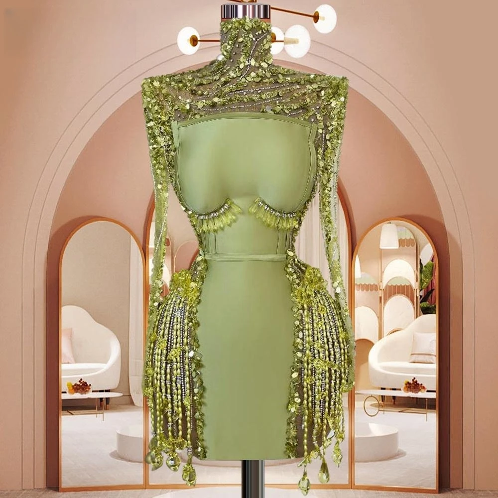 

Green Cocktail Dresses Sheath Long Sleeves Short Mini Sequins Pearls Homecoming Dresses Haute Couture