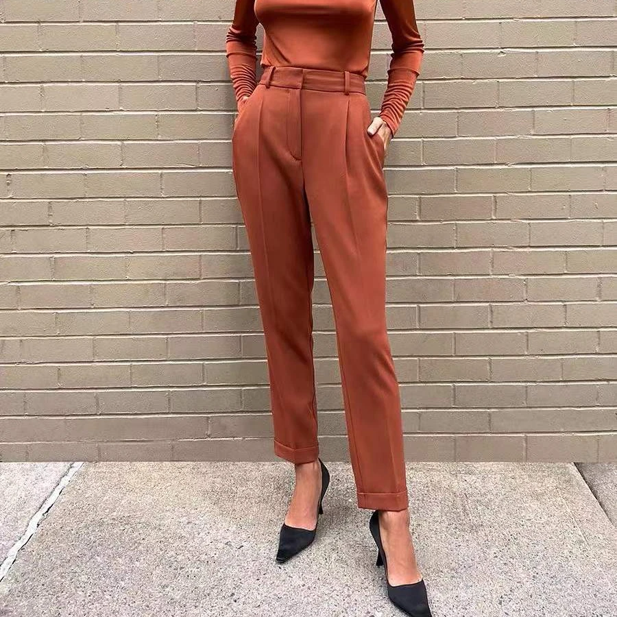 2022 Spring and Summer New Japanese Triacetic Acid High Waist Turn Feet Office Lady Commuter Slim Trousers Women