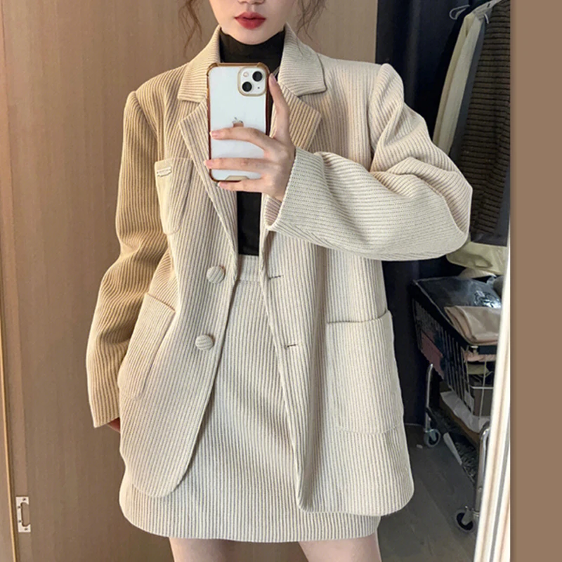 Lapel Single-Breasted Multi-Pocket Women'S Autumn New Fashion Loose Suit Jacket Beautiful Knitted A-Line Skirt Two-Piece