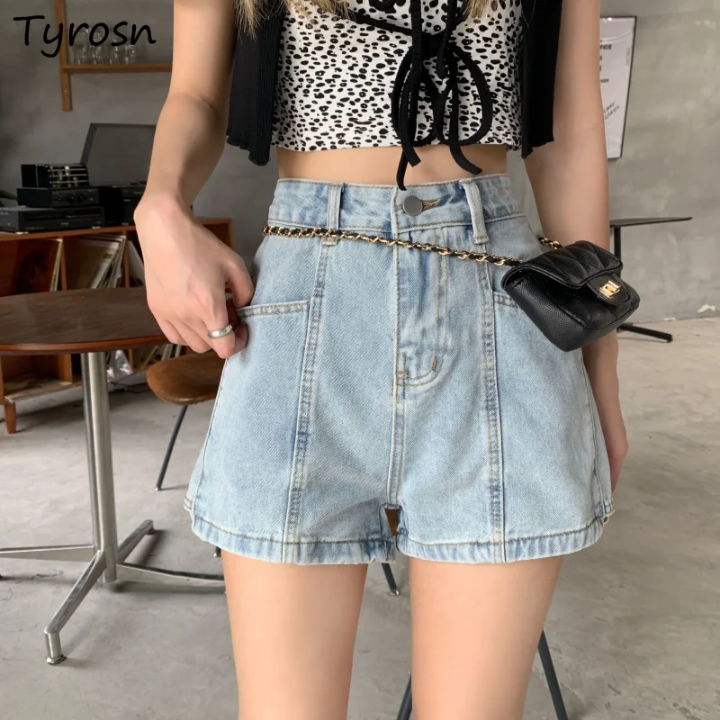 

Джинсовые шорты женские, минималистичный пикантный однотонный дизайн, универсальные Стильные повседневные Популярные базовые Летние повседневные с карманами в стиле ампир в Корейском стиле для девушек