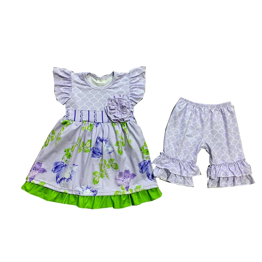 

wholesale toddler girls clothing sets pearl sleeve fashion morning glory tunic fish pattern ruffles Shorts outfits