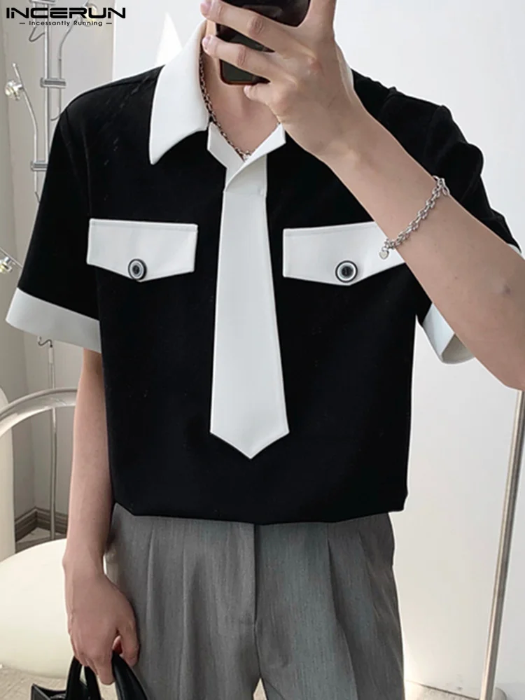 

INCERUN Tops 2023 Korean Style Men's Fashion Patchwork Color Blouse Stylish Well Fitting Stand Collar Short Sleeve Shirts S-5XL