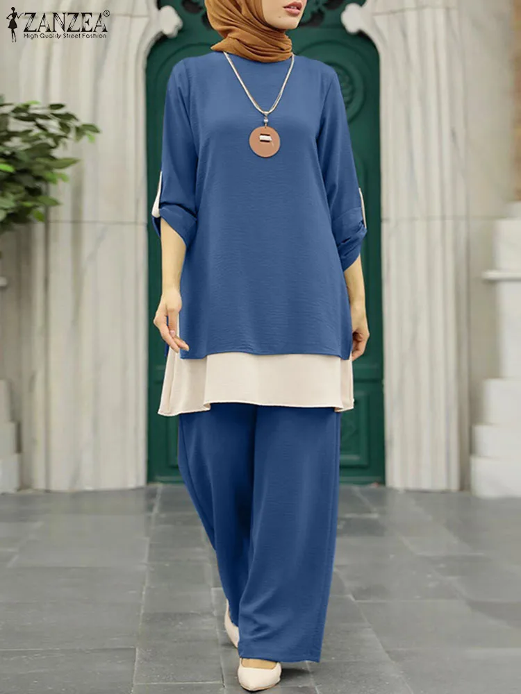 

Винтажная блузка ZANZEA в стиле пэчворк с длинным рукавом, брюки с широкими штанинами, 2 шт., Повседневная Свободная одежда Рамадан, одежда в исламском стиле