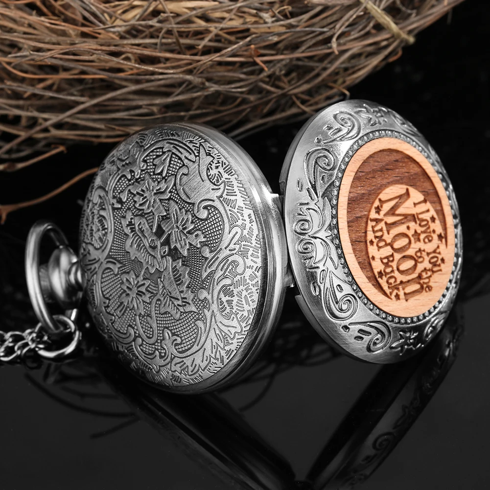 Quartz Pocket Watch Necklace Wood Cover Moon Carving Fashion Creative Pocket Watch Pendant Gift for Ladies Reloj De Bolsillo