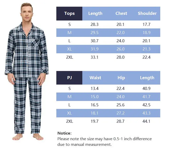 Mens Long Pajama Set Plaid Plaid Sleepwear Cotton Button Down PJ Set 56 M-2XL