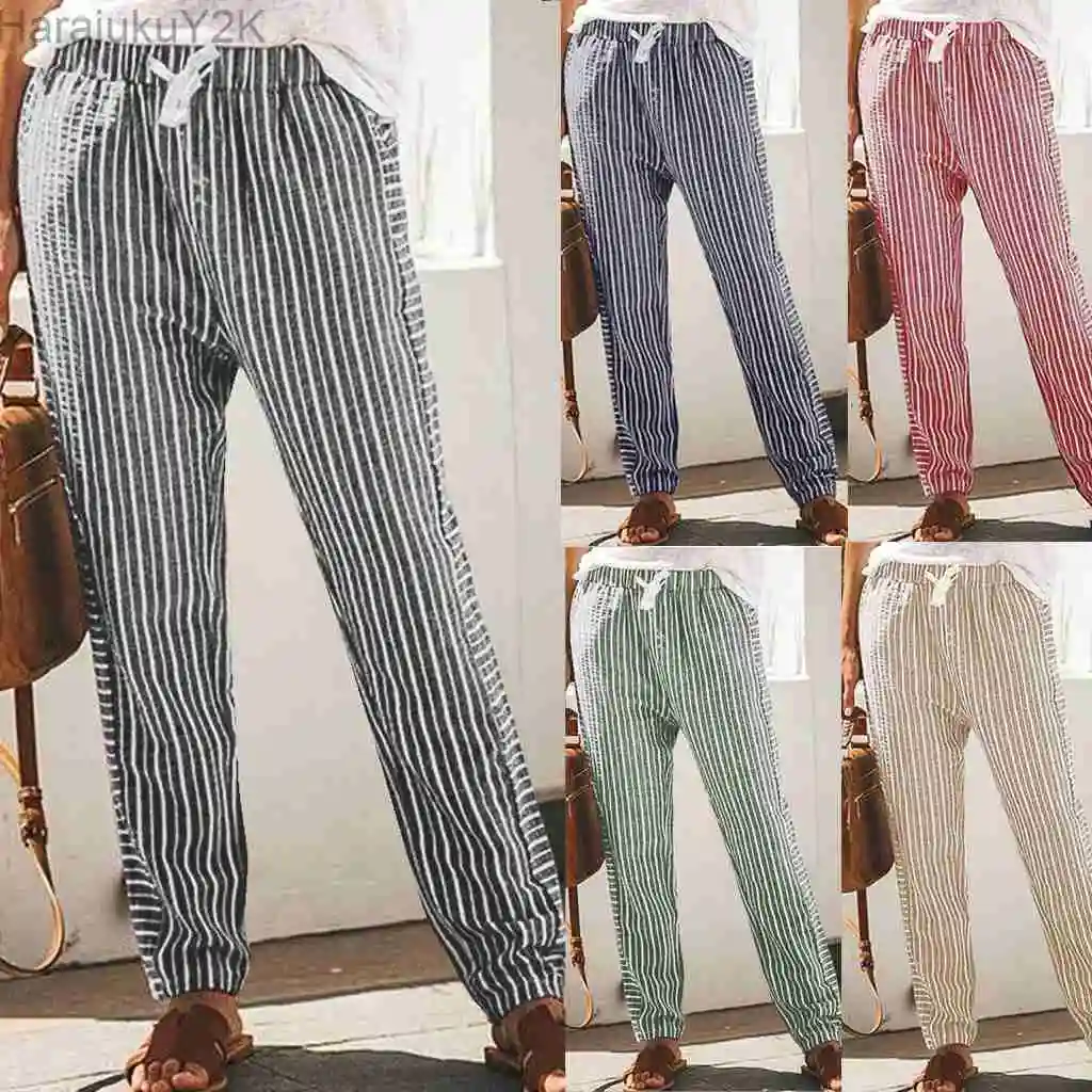 2022 Women's Cotton and Linen Striped Casual and Comfortable Straight Wide-leg Trousers Womens Pants