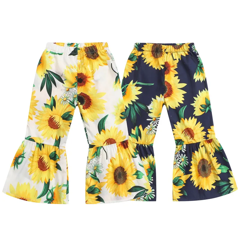 

2022 Summer Girls Pants Cotton Sunflower Children's Flared Pants Spring Baby Girl Floral Print Trousers Kids Boot Cut Pants New