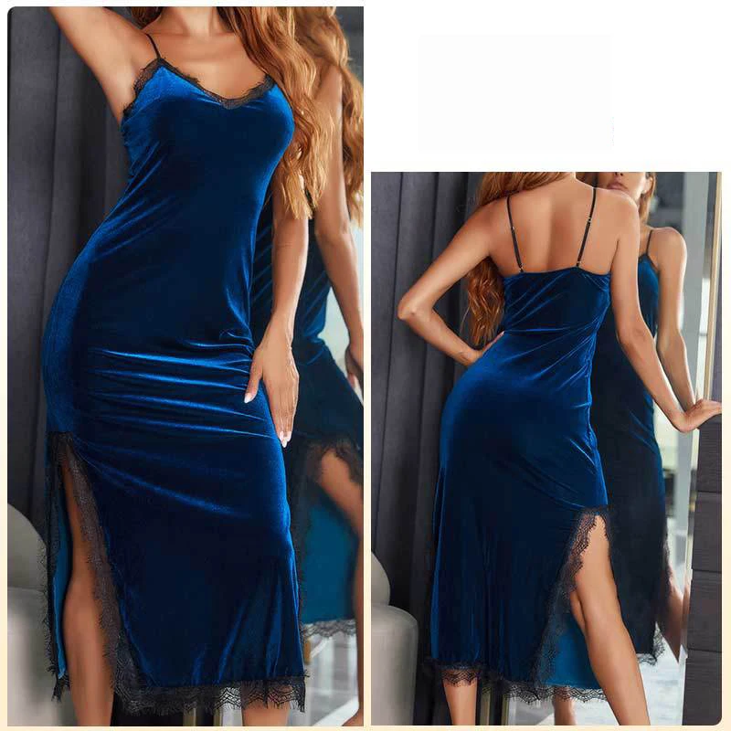 Backless Night Dress Women Autumn Winter Deep V Neck Female Long Sling Lingerie Sexy Nightwear and Hot Velvet Lace Sleepwear