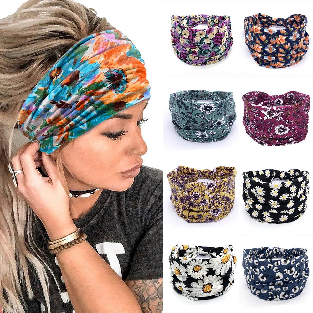 

1PCS Fashion Knoted Elastic Yoga Sport Casual Headbands Boho Stretch Print Turban Head Wrap Wide Hairbands DIY Hair Accessories