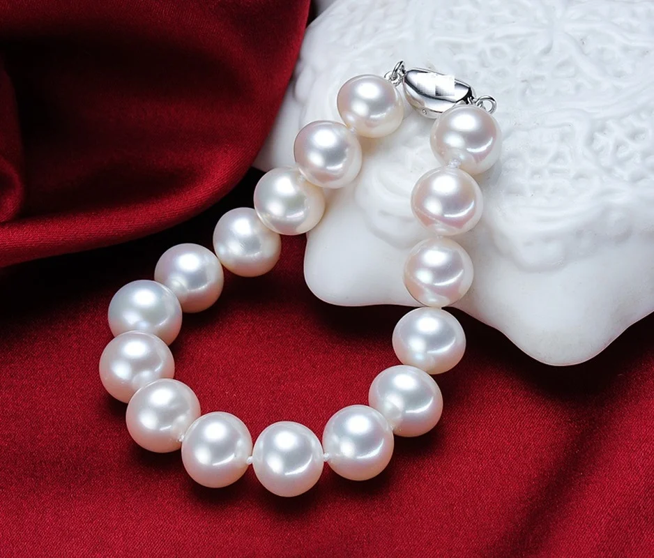 

Natural 11-12mm Sea Genuine White Round Pearl Bracelets For Women Jewelry Charm Bracelet