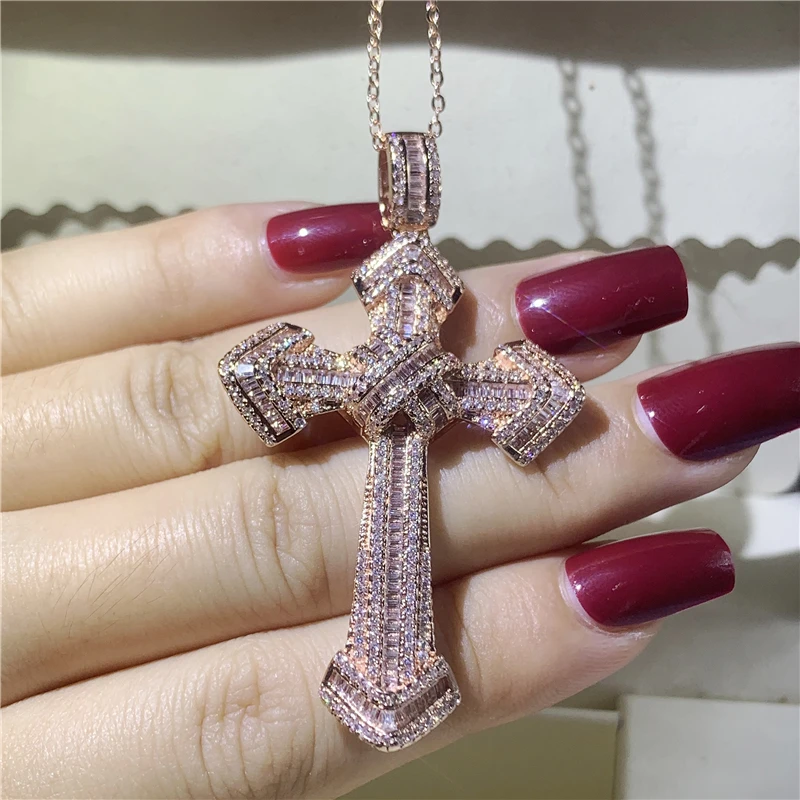 

Twinkle Big Cross Pendant Diamond cz Rose Gold Filled 925 silver Party Anniversary Pendants with necalace for women Men Jewelry