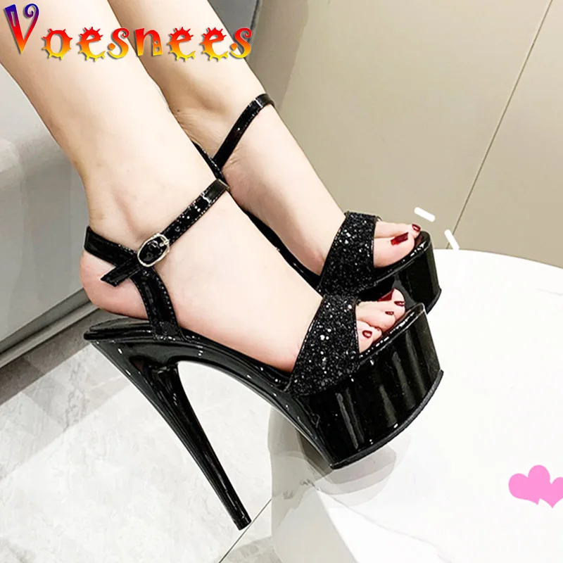 

Black Platform Sandals Women's Party Dress Elegant High Heels Summer New Stiletto Shiny Sequins Wedding Shoes Zapatillas Mujer