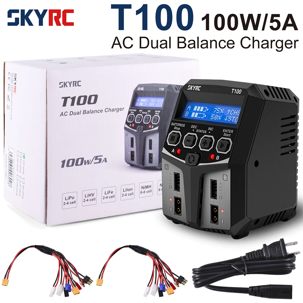 SKYRC T100 T400Q AC Lipo Battery Balance Charger Dual 5A 2X50W for 2-4S NiMH / NiCd / LiPo / LiFe / Lilon / LiHV  RC Car Charger