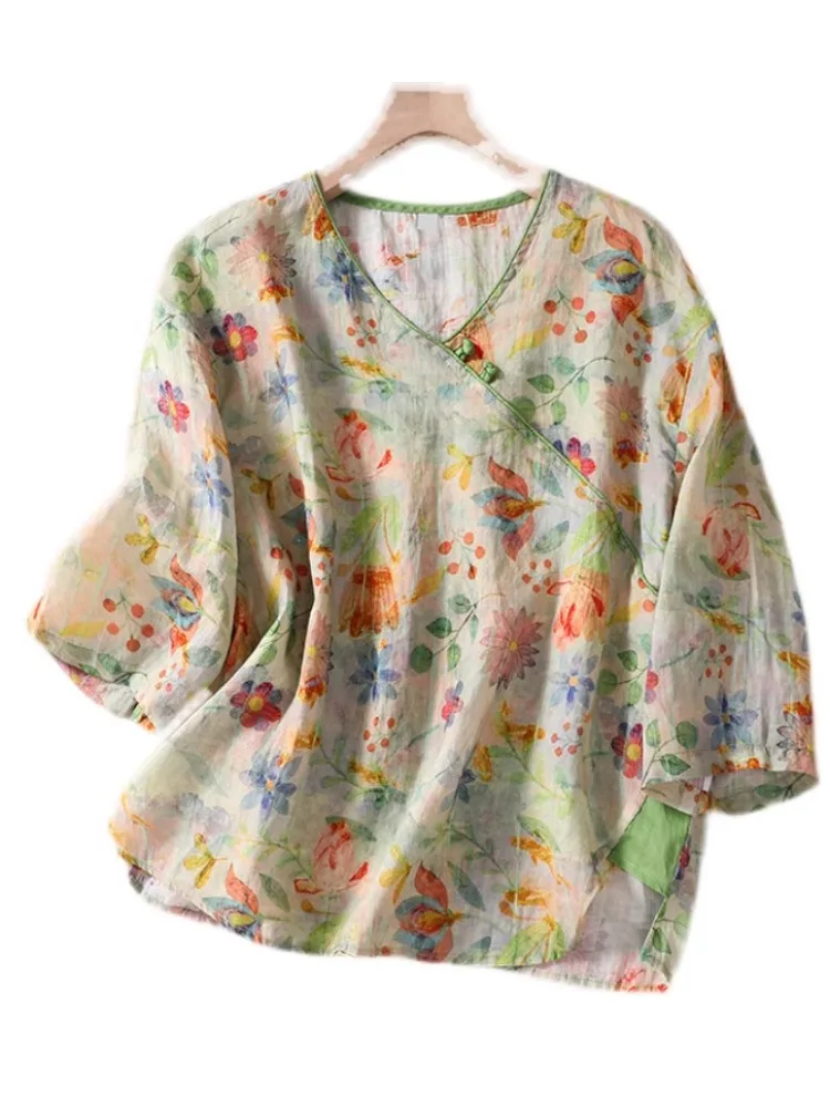 Chinese Sle Artistic Print Diagonal Buckle Ramie Short sleeve Pullover Top Women Loose Thin T-shirt Hanfu Shirt