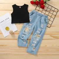 summer childrens clothing kit 2022 girls vest ripped denim trousers fashion two piece set designer clothes
