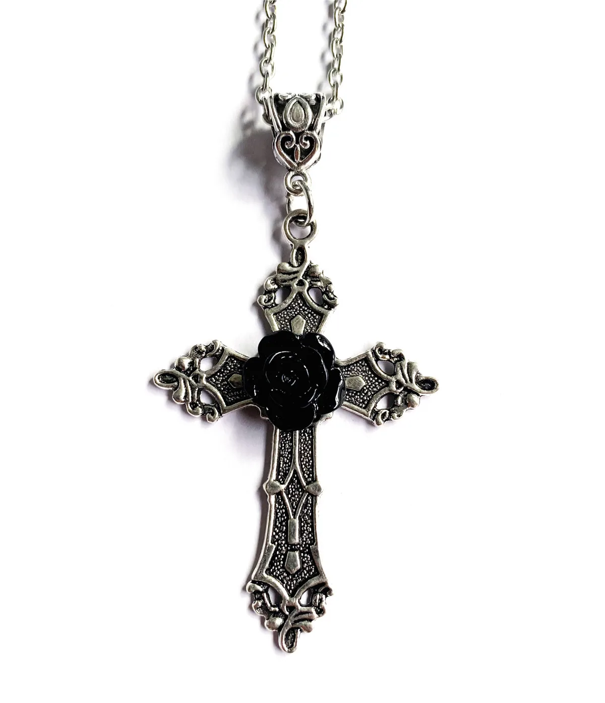 

New Hot Sale Christian Hollow Cross Colorful Rose Pendant Necklace Vintage Bohemian Gothic Necklace