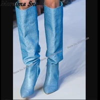 moraima snc blue bling sequined cloth boots for women knee high boots pointed toe stilettos high heels runway shoes on heels
