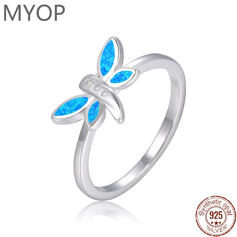 

MYOP Cute Female Bule Opal Stone Ring 925 Sterling Silver Classic Engagement Ring Luxury Crystal Little Dragonfly Rings For Gril