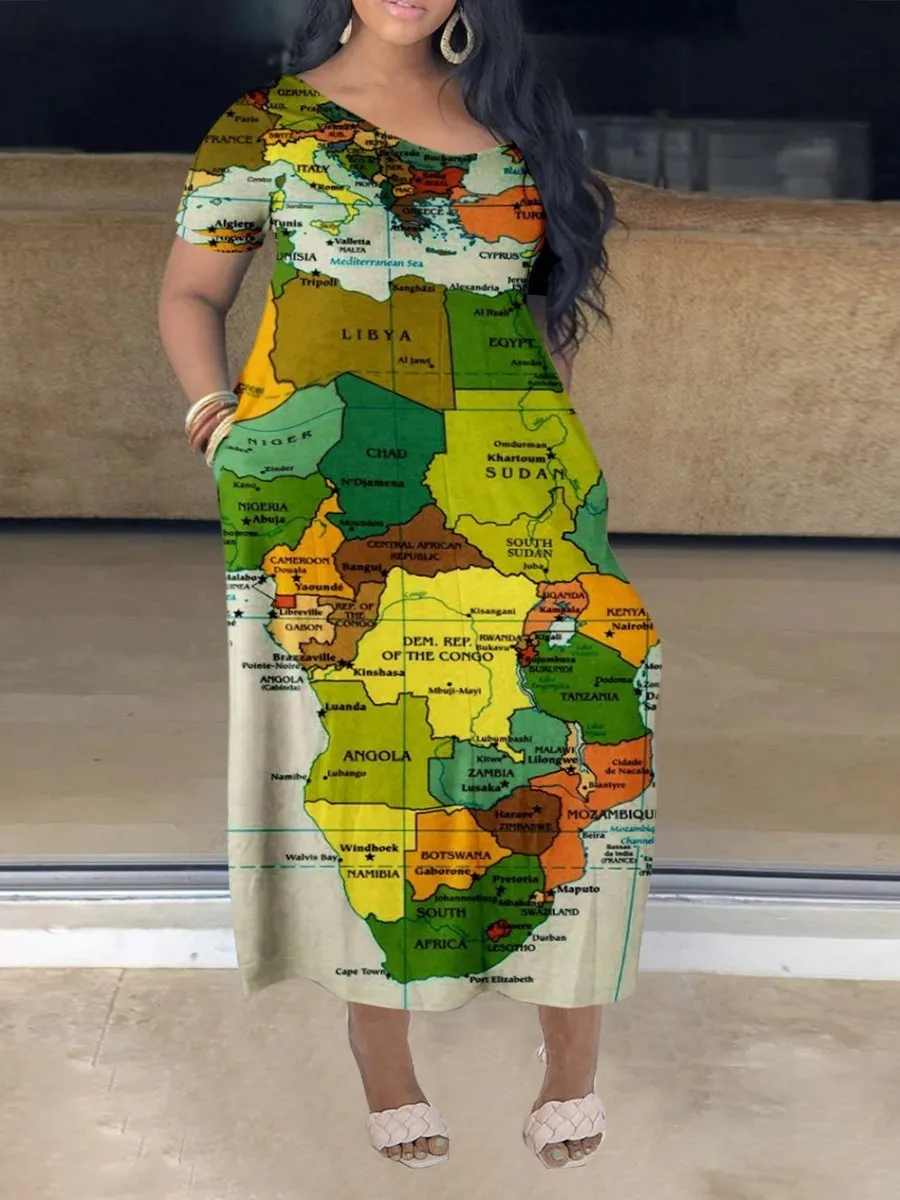 

LW Plus Size World Map Letter Print Patchwork Dress U Neck Casual Colorblock Summer Vestidos Women Clothings Maxi Dress