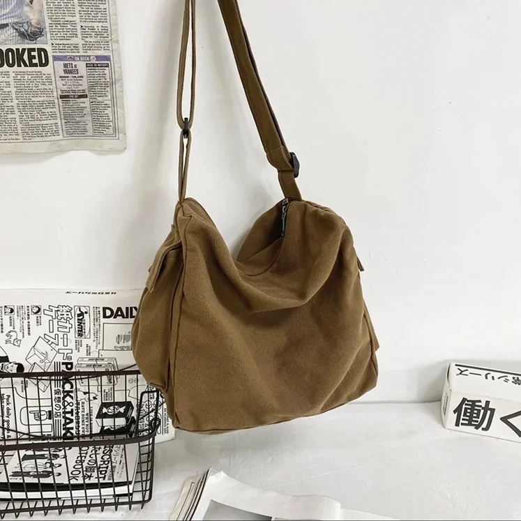 

Teenager Casual Canvas Big Size Slouchy Side Bag with Zipper Pockets Female College Soft Cloth School Book Hobo Crossbody Bag